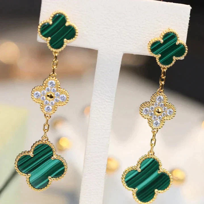 CLOVER EARRINGS GOLD MALACHITE DIAMOND 3 MOTIFS