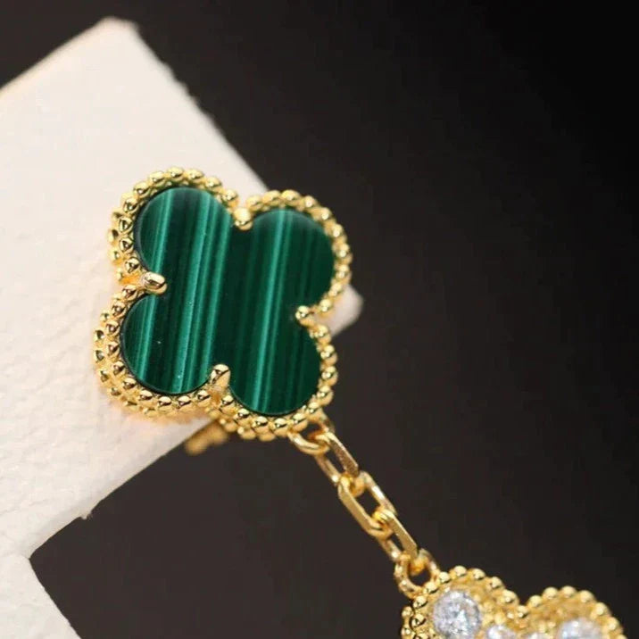 CLOVER EARRINGS GOLD MALACHITE DIAMOND 3 MOTIFS