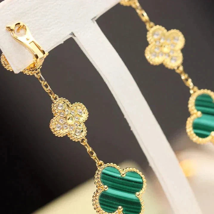 CLOVER EARRINGS GOLD MALACHITE DIAMOND 3 MOTIFS