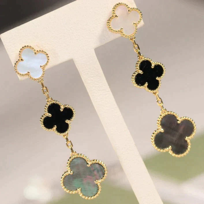 CLOVER EARRINGS GOLD ONYX MOP 3 MOTIFS