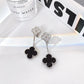 CLOVER 2 MOTIFS SILVER DIAMOND ONYX EARRINGS