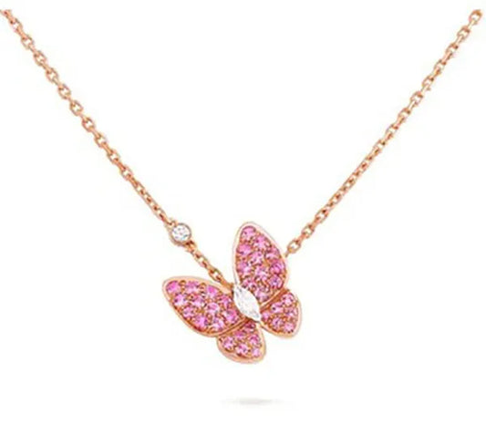 Butterfly Red Diamond Pink Gold Necklace