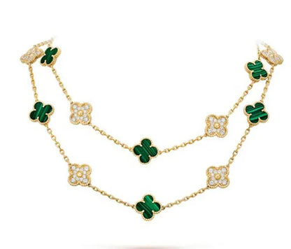 Clover 20 Motifs Malachite Diamond Gold Necklace