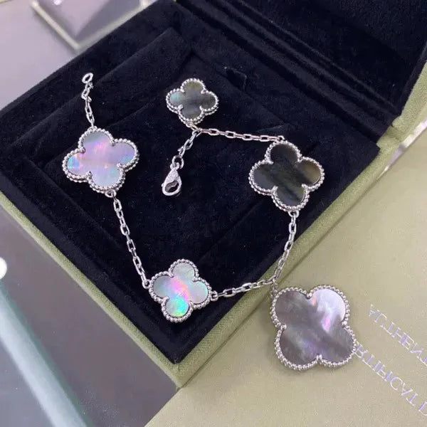 Clover 5 Motifs Silver Dark Mop Bracelet