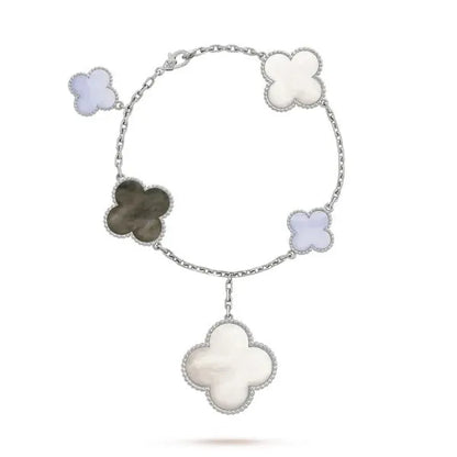 Clover 5 Motifs Silver White Mop Bracelet