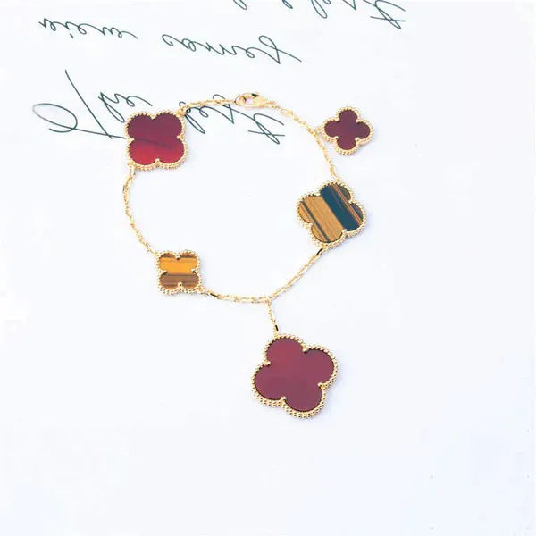 Clover Bracelet 5 Motifs Gold Carnelian Tiger Eye